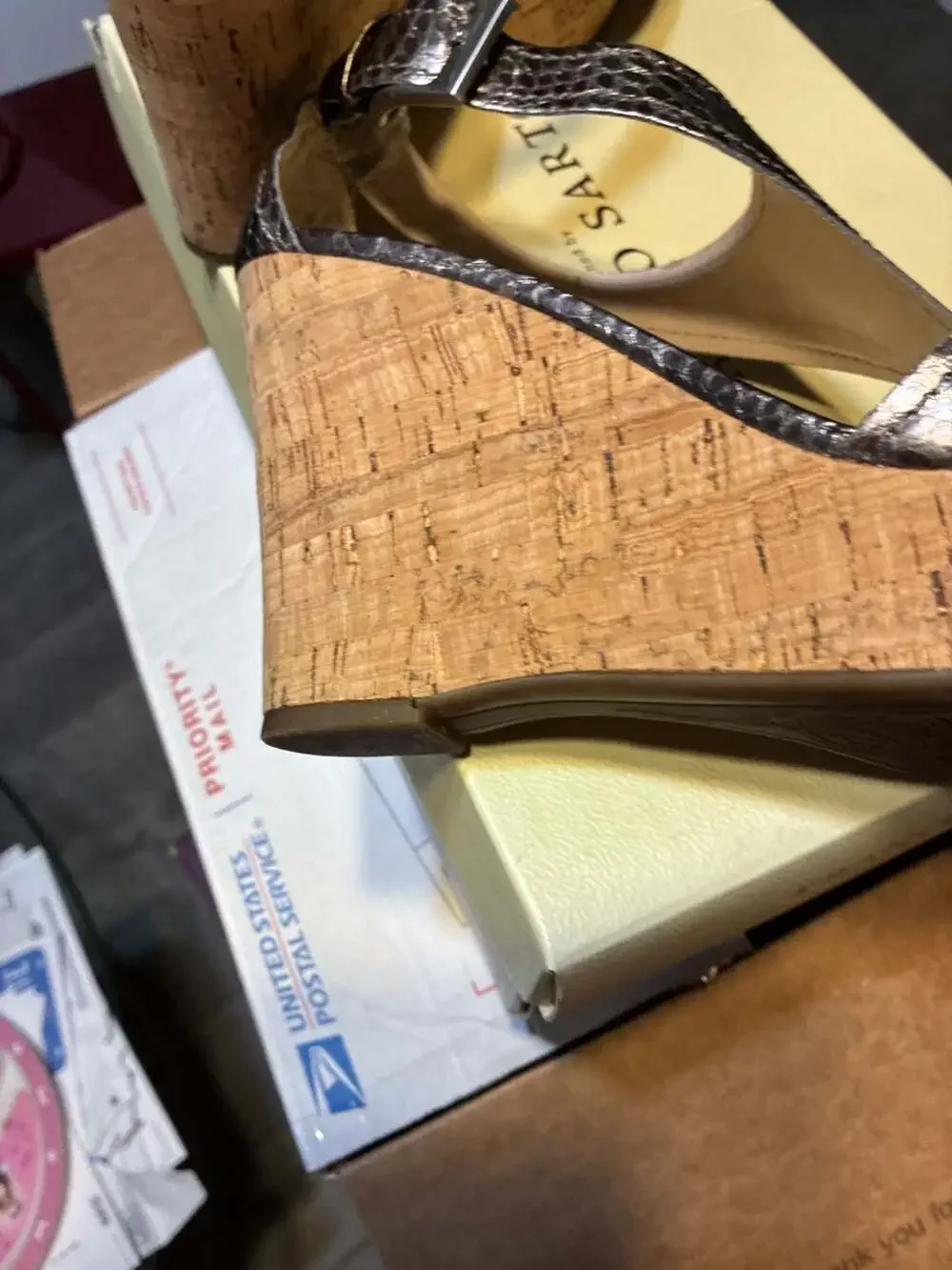 Franco Sarto Supra Pewter Snake Platform Cork Wedge Sandals Size 7.5 M